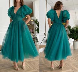 Prom Teal Dree vintage avec poche à manches courtes en V Deep V Cutom Fabriqué une ligne de thé de thé Plu Taille de soirée Robe de fête Forme Ocn Wear Vetido