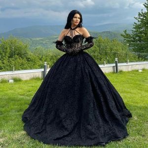 Prom vintage zwarte kanten jurken kralende halter sweetheart korset lange speciale ocn jurk voor vrouwen 2024 gotische formele avondjurken