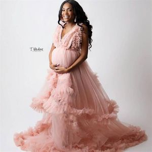 Roze galajurken voor dames voor babyshower Celebrity-jurken Tier gegolfde zwangerschapsfoto-opnamejurk