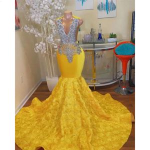 Prom Yellow Veet Robes Black Girls Breded Crystal Ruffles Mermaid Birthday Party Robe Ocn Robe Ocn