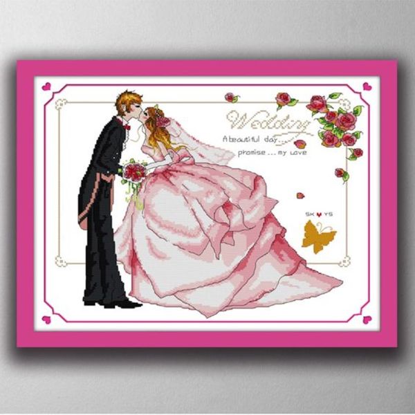 Promesse d'amour baiser de mariage peintures de dessins animés faits à la main au point de croix broderie ensembles de couture comptés imprimés sur toile DMC 14CT217j