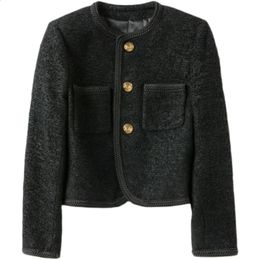 Verkoop bevorderen Herfst Winter Vrouwen Tweed Cropped Jassen Koreaanse Mode Oneck SingleBreasted Slanke Wollen Jas met Gouden Knoop 240307