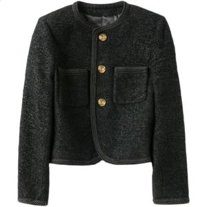 Promouvoir les ventes automne hiver femmes Tweed vestes recadrées mode coréenne col rond simple boutonnage mince manteau de laine avec bouton doré 240307