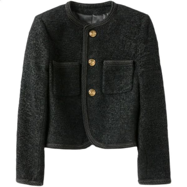 Promouvoir les ventes automne hiver femmes Tweed vestes recadrées mode coréenne col rond simple boutonnage mince manteau de laine avec bouton doré 240307