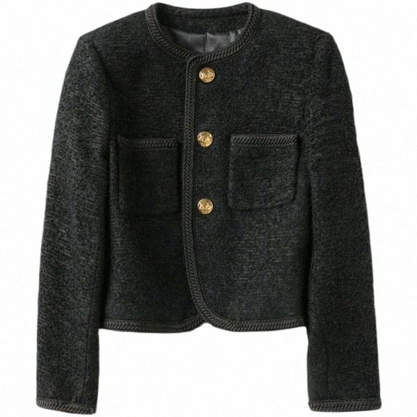 Promouvoir les ventes Automne Hiver Femmes Tweed Vestes recadrées Coréen Fi O-Cou Manteau de laine mince à simple boutonnage avec Golden Butt u2py #
