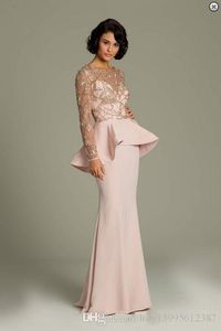 Promotion 2019 rose dentelle à manches longues robes de soirée pure or appliques robe de bal Peplum pleine longueur en mousseline de soie robe formelle 133