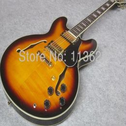 Promotion 50e anniversaire 335 vintage Sunburst Flame Maple Top Semi Hollow Body Jazz Guitar Guitar Black Pickguard Block Pear1674530