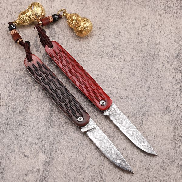 Promoción A2243 Cuchillo plegable de Damasco Hoja de acero de Damasco Hueso de vaca con mango de hoja de acero Navajas de bolsillo EDC para exteriores con bolsa de nailon