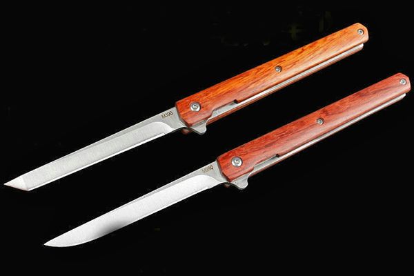 Promoción Barato Flipper Cuchillo plegable 440C Tanto / Punto de caída Hoja satinada Mango de palisandro Rodamiento de bolas con funda de cuero