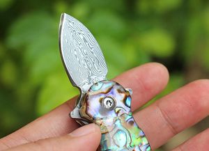 Promotie Damascus EDC Pocket Folding Mes Damascus Steel Spear Point Blade Steel Sheet + Abalone Shell Handvat met aluminium doos