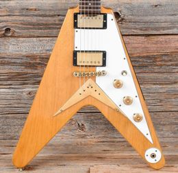 Promotion Flying V Heritage Natural Korina 1983 Guitare électrique Blanc Pickguard Little Pin ABR 1 Bridge String Thru Body Gold6371171