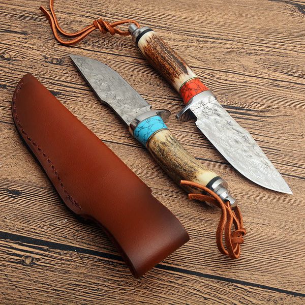 Promotion G7201 Couteau de chasse droit de survie Damas Steel Drop Point Blade Deer Horn Poignée Couteaux à lame fixe extérieure avec gaine en cuir