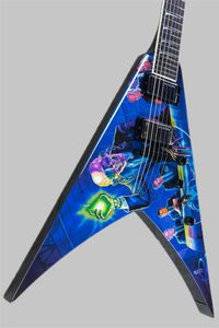 Custom Shop Dave Mustaine Rust In Peace Blue Flying V Peinture manuelle pour guitare électrique, micros actifs, boîtier de batterie 9 V, matériel noir, incrustation d'aileron de requin
