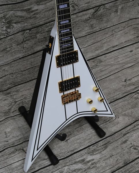 Promotion! Jack Son exclusif Randy Rhoads RR 1 Black Pinstripe White Flying V Guitare électrique Matériel doré, incrustation de bloc, cordier trémolo