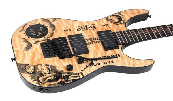 Promotion Kirk Hammett KH Ouija Naturel Matelassé Érable Guitare Électrique Tête Inversée Floyd Rose Tremolo Noir Matériel2205368