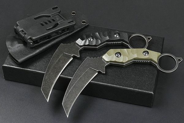 Promoción M6647 Cuchillo Karambit de hoja fija 5Cr13Mov Hoja de lavado de piedra Mango completo Tang G10 Cuchillos tácticos de garra Kydex