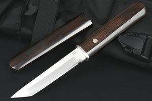 Promotion M6681 Couteau droit de survie D2 Tanto Point Satin Lame Ébène avec poignée en acier Couteaux tactiques à lame fixe avec gaine en bois