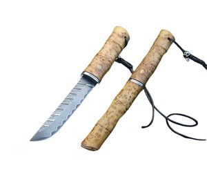 Promotie M7734 Hoogwaardige rechte mes Damascus Stalen rechte punt Blade Schaduw Hout Handgreep Outdoor camping wandeloverlevingsmessen met houten omhulsel