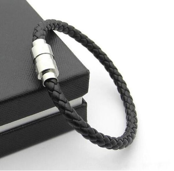 Promotion hommes boucle magnétique en cuir noir tresse bracelet à breloques bijoux de mode argent prix de gros bracelets pour hommes cadeau (pas de boîte)