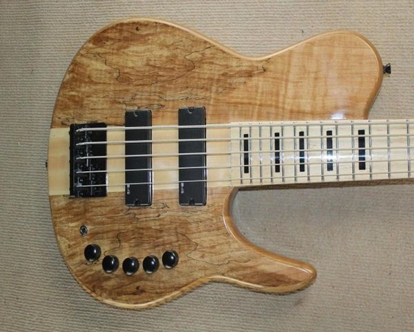 Promotion Col à travers le corps 5 cordes Natural Spalted Maple Top Electric Bass Guitar Corps Corps actif Fils actifs 9V Batterie Black Bloc3246939