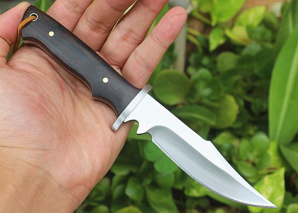 Promoción Ourdoor Survival Straight Hunting Knife 440C Satin Bowie Blade Full Tang Ebony Mango Cuchillas fijas Cuchillos con funda de cuero