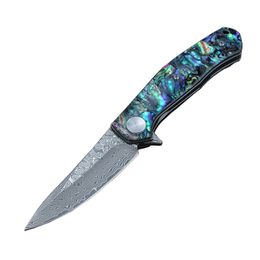 Promoción R4020 Cuchillo plegable de bolsillo VG10 Acero de Damasco 76 capas Hoja Azul Concha de abulón Mango Cojinete de bolas Flipper Cuchillos de apertura rápida