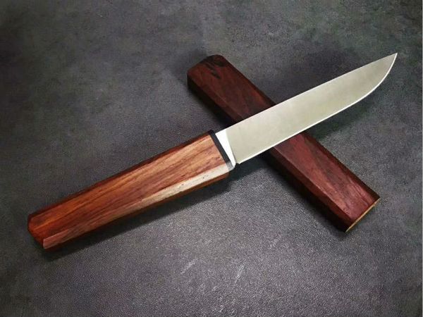 Promotion petit couteau droit de survie katana VG10, lame satinée, manche en bois de rose, couteaux à lames fixes avec gaine en bois