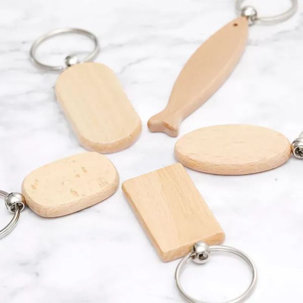 Artisanat promotionnel Party Favor Souvenir Plain DIY Blanc Hêtre Pendentif En Bois Porte-clés Porte-clés Avec Porte-clés En Gros 0723