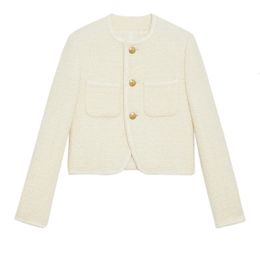 Promotionele Koreaanse mode crop tweed damesjas herfst/winter enkele borst wollen jas met gouden knopen 240112