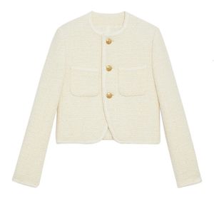 Veste courte en tweed pour femmes, mode coréenne promotionnelle, automne/hiver, simple poitrine, manteau en laine avec boutons dorés, 240112