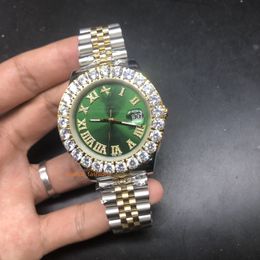 Prong Set CZ Diamond Men's Watch Bi-Gold vergulde roestvrijstalen band Romeinse diamantschaal 43 mm groen gezicht van hoge kwaliteit automatisch mechanisch zakelijk horloge