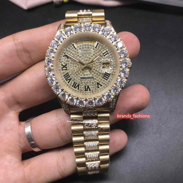 Prong Set Diamond Man Montres Or Diamant Face Montre En Acier Inoxydable Rangée Centrale Diamant Montre Automatique Mécanique Fashion2332