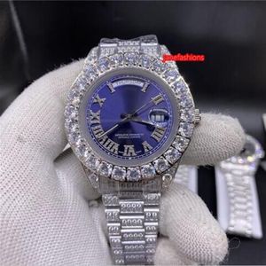 Prong Set Diamond Men's Fashion Watch Blue Face 43mm zilveren diamant roestvrijstalen riem van hoge kwaliteit automatisch horloge2391