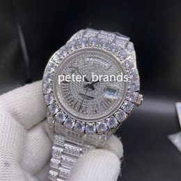 Prong Set Diamond Men's Watch Full Iced Polshorwatch Silver roestvrijstalen kast Diamantriem 43 mm automatische heren horloges2220
