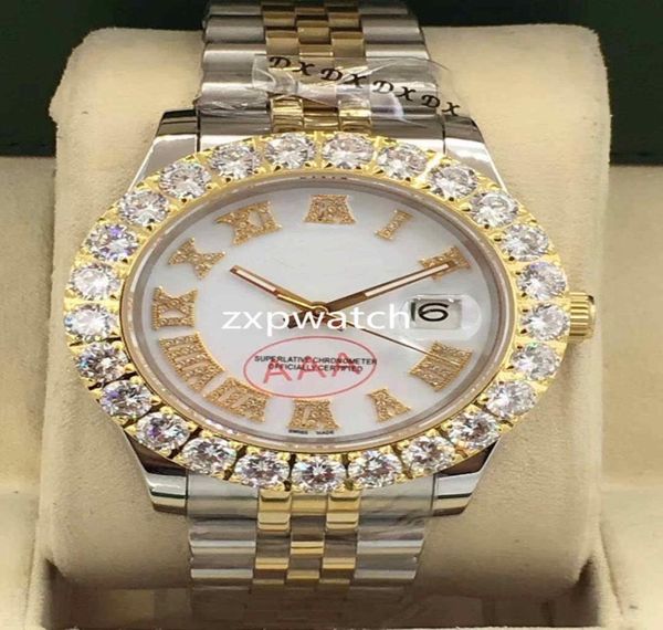 Prong Set Diamond Watch Luxury Men Watch Automatic 43 mm Men Silver Gold Two Tone Face Blanc Face Entrée en acier inoxydable Diamond 5224378