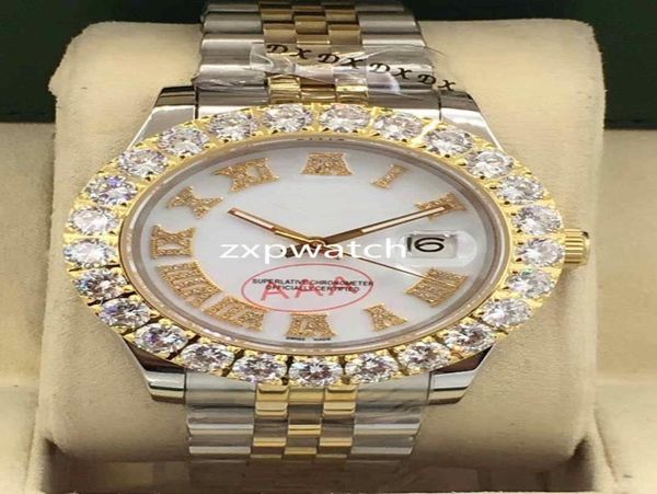 Prong Set Diamond Watch Luxury Men Watch Automatic 43 mm Men Silver Gold Two Tone Face Face en acier inoxydable Diamond 4368070