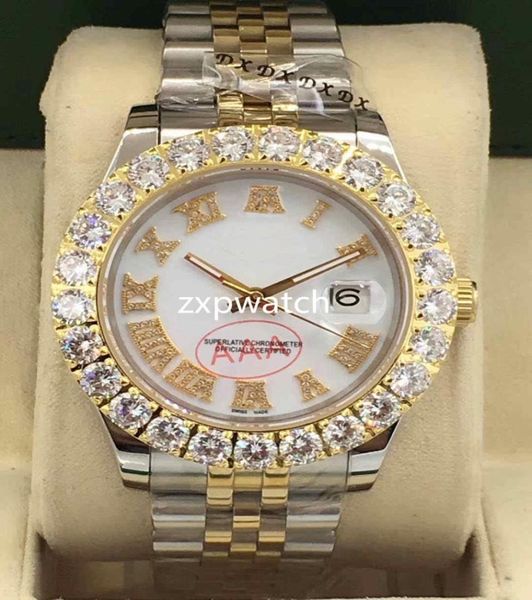 Prong Set Diamond Watch Luxury Men Watch Automatic 43 mm Men Silver Gold Two Tone Face Blanc Face Entrée inoxydable Diamond 7019652