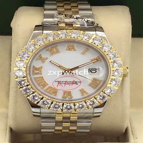 Montre de luxe en diamant pour hommes, ensemble de broches, automatique, 43MM, argent, or, deux tons, cadran blanc, ensemble en acier inoxydable, diamant 309d