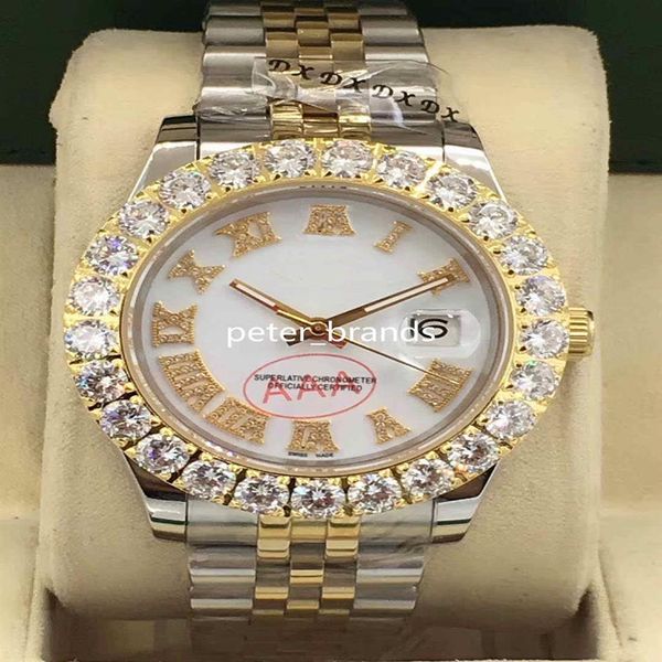 Conjunto de puntas Relojes de diamantes Dos tonos Plata Oro 43 mm Cara blanca Bisel de diamantes más grande Reloj automático de moda para hombres 3027