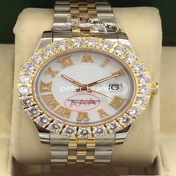 Conjunto de puntas Relojes de diamantes Dos tonos Plata Oro 43 mm Cara blanca Bisel de diamantes más grande Reloj automático de moda para hombres 2590
