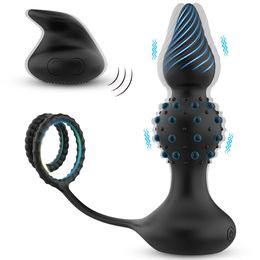 Masseur de prostate Vibromasseur anal Double pénis Cock Ring Télécommande Anus Perles Vibrant Butt Plug Sex Toys pour hommes Gay 240202