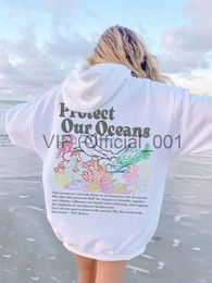 Protégez nos océans Respectez l'impression locale Sweat à capuche à manches longues Tendance Sweatshirts Poche Casual Femme Coton Top Vêtements x0825