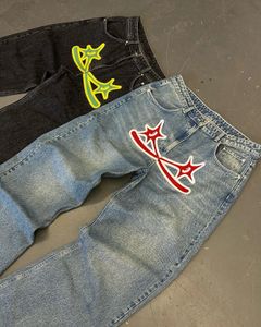 PROTECT Y2k Hip Hop Cross Star Print Jeans Gothic Retro Baggy Blauw Zwart Mannen Denim Broek Punk Rechte Broek streetwear 231220