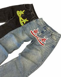 Bescherm Y2k Nieuwe Hip Hop Cross Star Print Jeans Gothic Retro Baggy Blauw Zwart Mannen Denim Broek Punk Rechte Broek streetwear N2J4 #