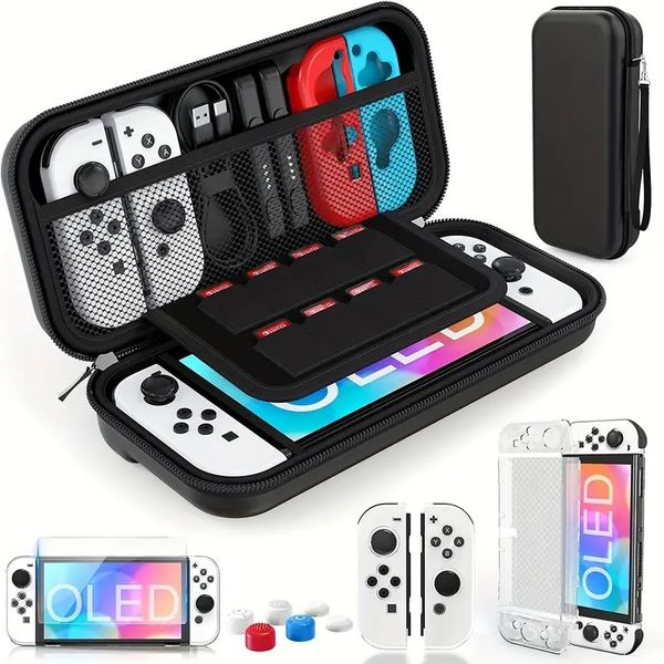 Étui de protection Boîte de rangement 6pcs Supports Capuchon de poignée pour OLED Nintendo Switch, Accessoires de sac avec interrupteur OLED Étui transparent Protecto d'écran en verre trempé