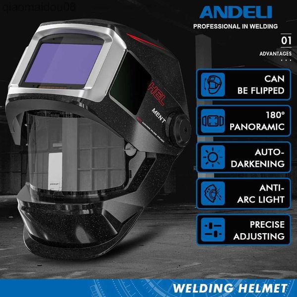 Vêtements de protection ANDELI Casque de soudage à grande vue rabattable Masque de soudage à obscurcissement automatique avec lentille de soudage numérique à vue latérale Capteur d'arc True Color 4 HKD230826