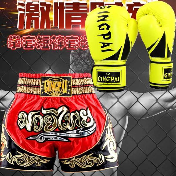 Equipo de protección 1 par de guantes de boxeo + 1 pantalón corto de muay thai Troncos de boxeo negros Pantalones de artes marciales hombres adultos mujeres Rojo Rosa MMA Guantes de boxeo yq240318