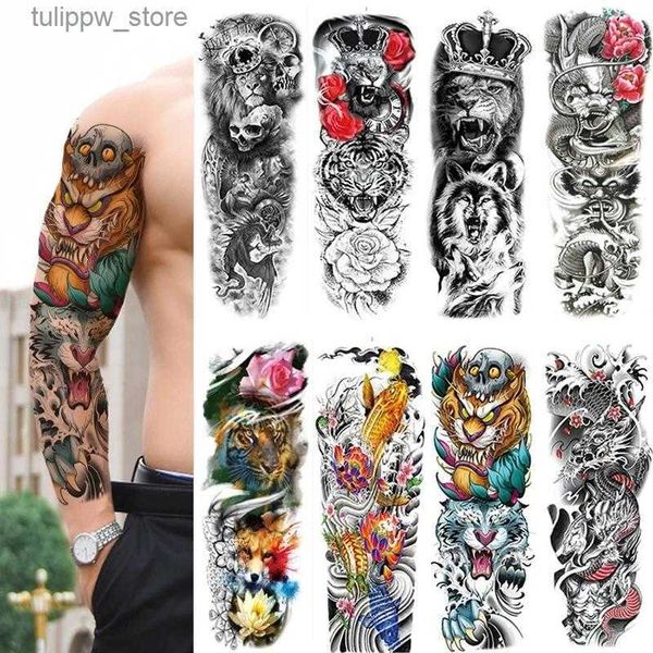 Mangas protectoras Tatuajes 20PCS Etiqueta engomada del tatuaje para hombres Mujeres Tatuaje temporal impermeable y 10 PCS Manga de brazo grande Tatuaje Tigre Cráneo León Tatuaje falso L240312