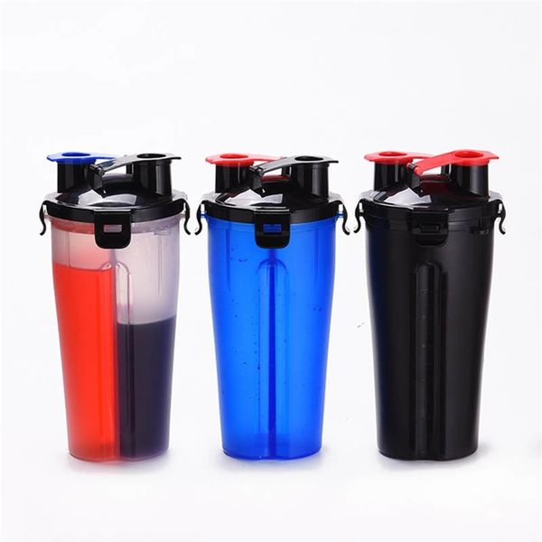 Bouteille de shaker de poudre de protéine personnalisée 700 ml en plastique double tête fitness sans BPA bouteille d'eau de mélangeur de sport étanche 201106