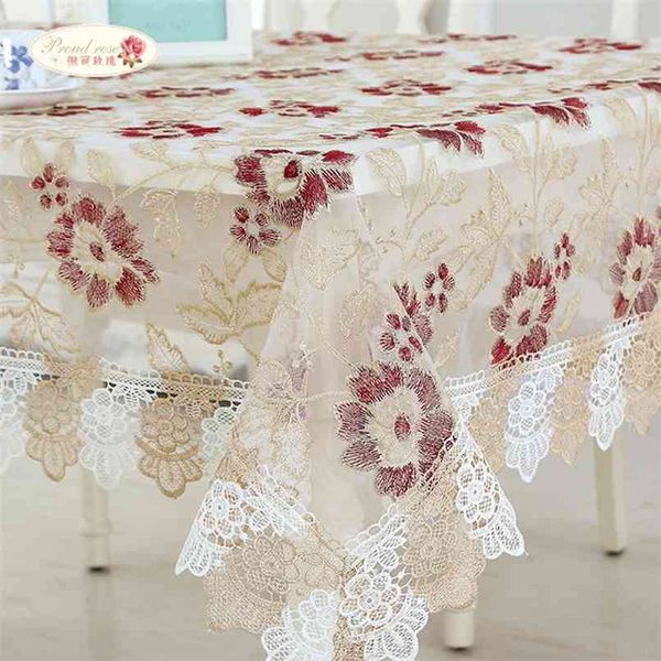 Fier Rose brodé nappe dentelle tissu pour rectangulaire mode décoration de mariage couverture ronde 210626